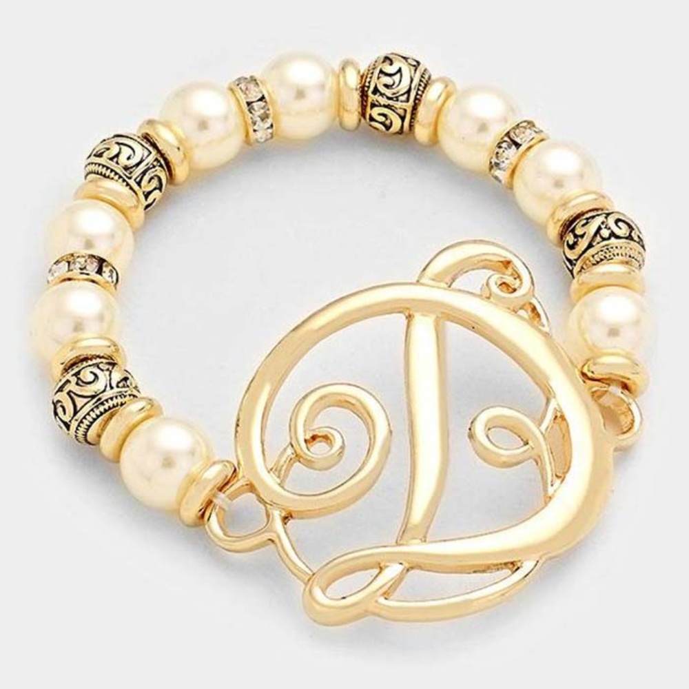 D' MONOGRAM CHARM PEARL & FILIGREE STRETCH BRACELE